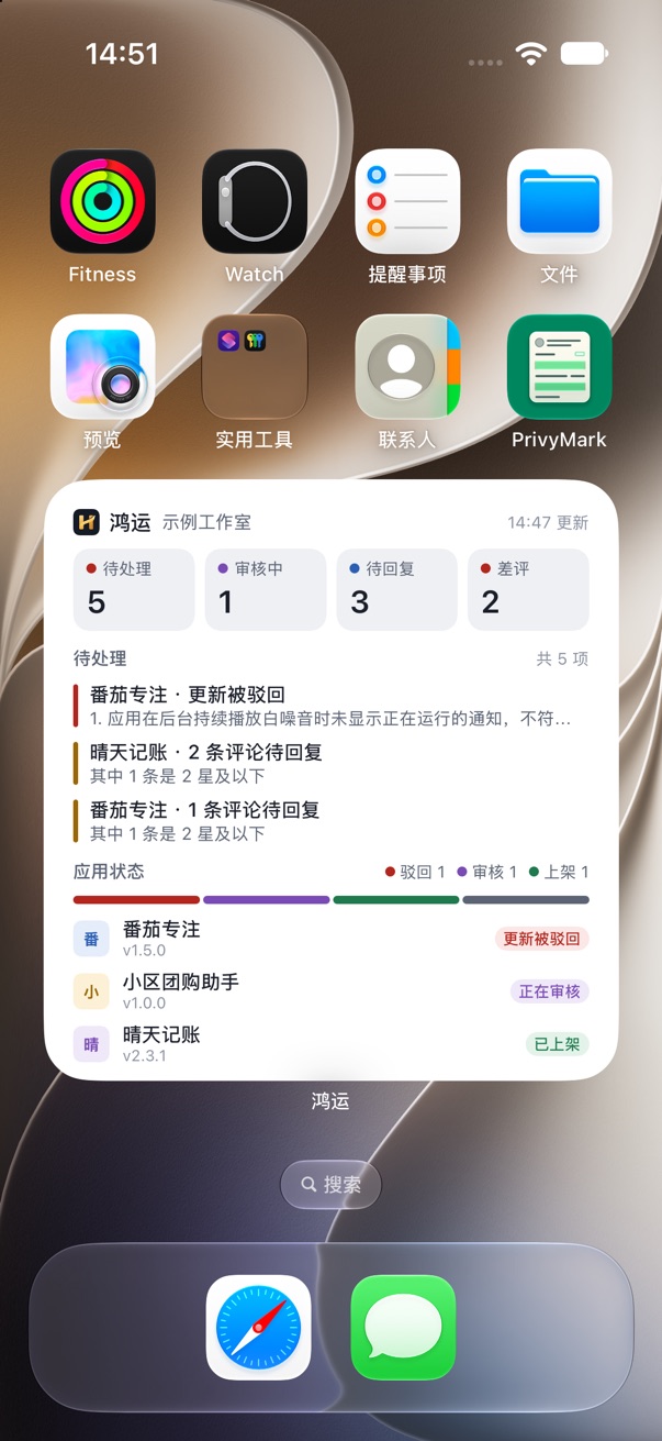 iPhone 主屏幕上的鸿运概览小组件